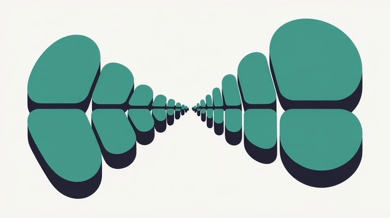 Rounded teal shapes shrinking step by step toward a narrow point in the centre of a warm grey background before widening again