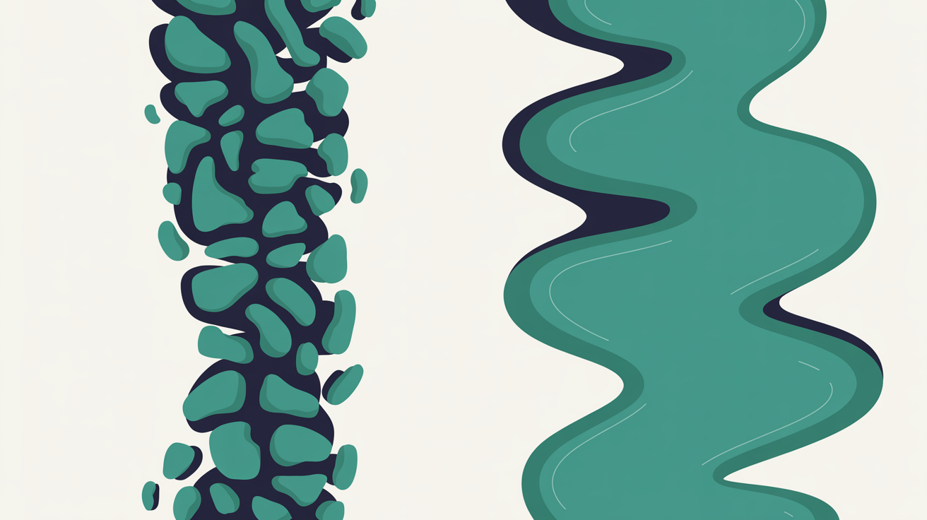 Two contrasting abstract zones on a warm grey background, a fragmented column of small teal shapes beside one broad continuous teal form