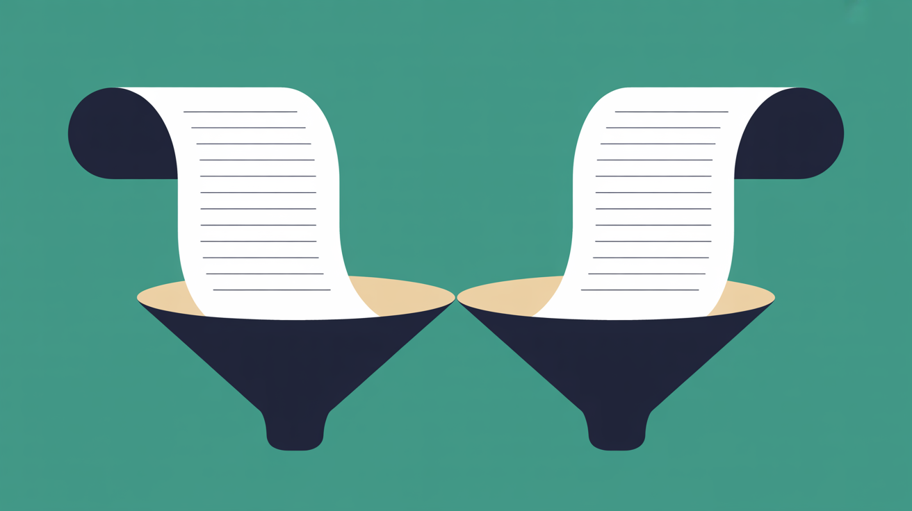 Flat illustration of two identical document icons feeding into one funnel shape, representing organic search and AI answers drawing from the same content source