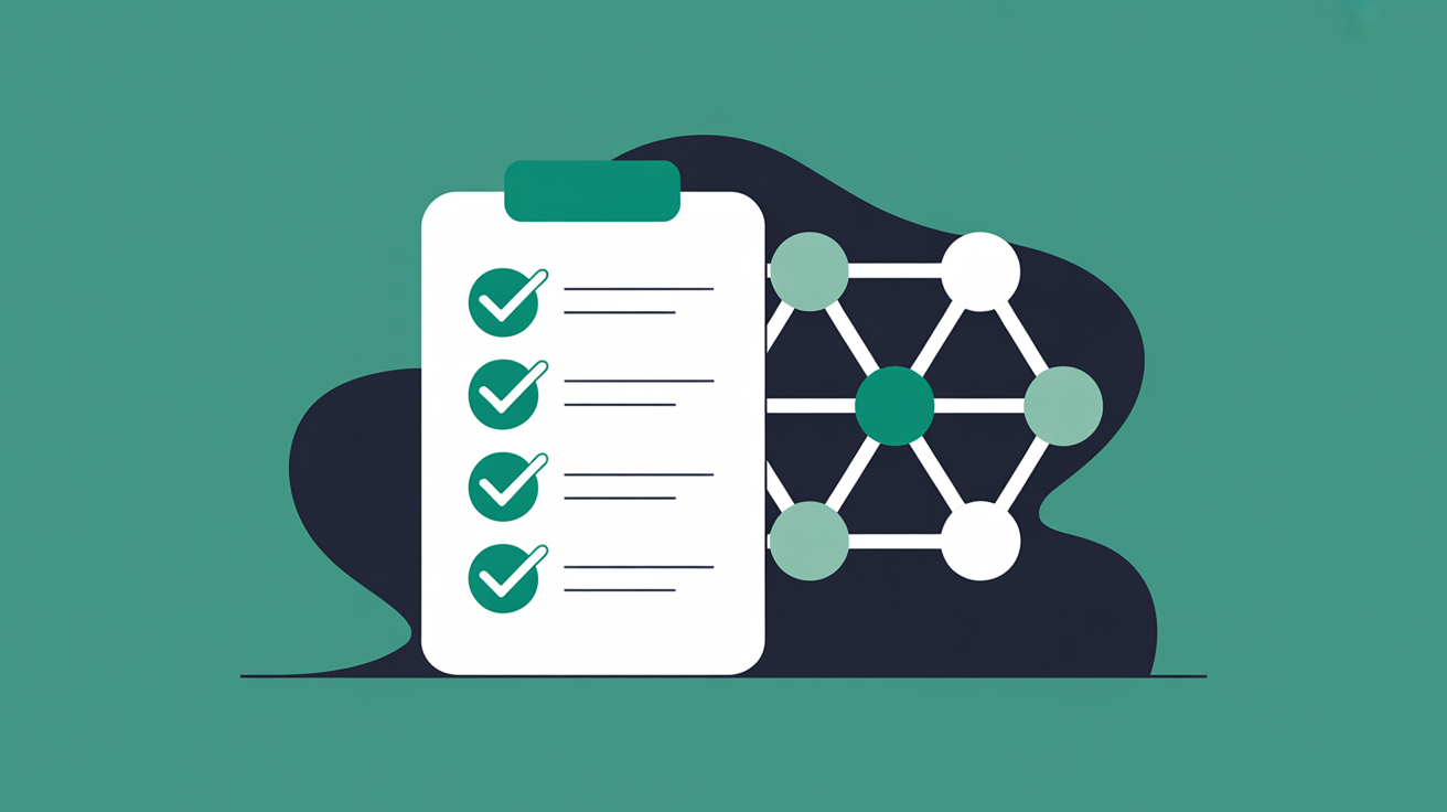 Abstract flat illustration of a checklist with four teal marks next to a network of connected nodes, suggesting a verification process feeding into a wider system