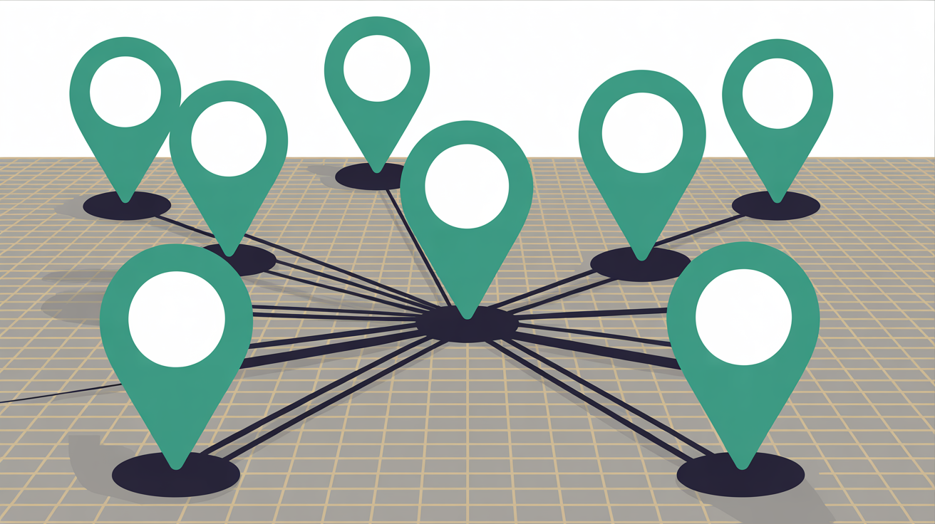 Abstract teal location pins connecting to a central point on a warm grey grid