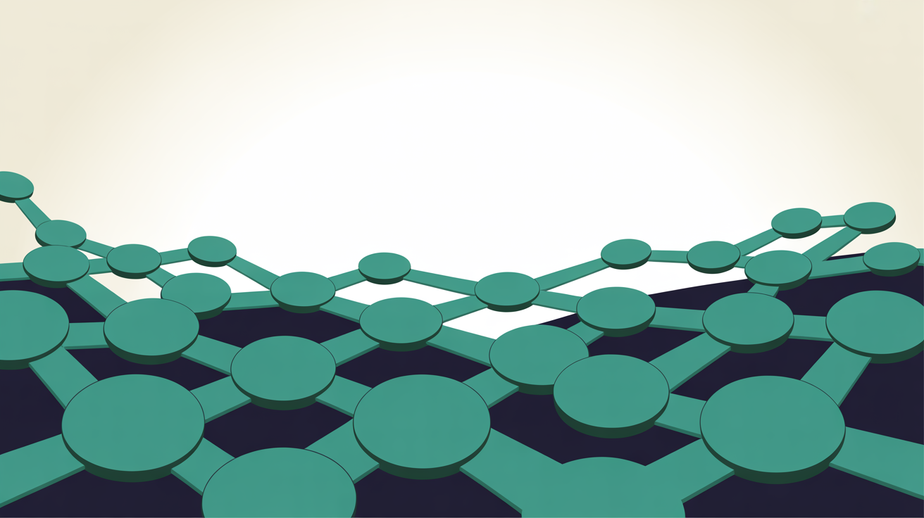 Flat illustration of interconnected teal nodes flowing upward on warm grey background
