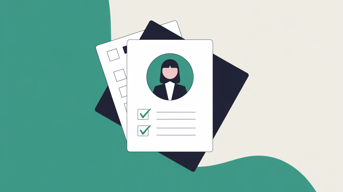 Flat illustration of overlapping document and checklist shapes in teal and warm grey, representing business profile completion