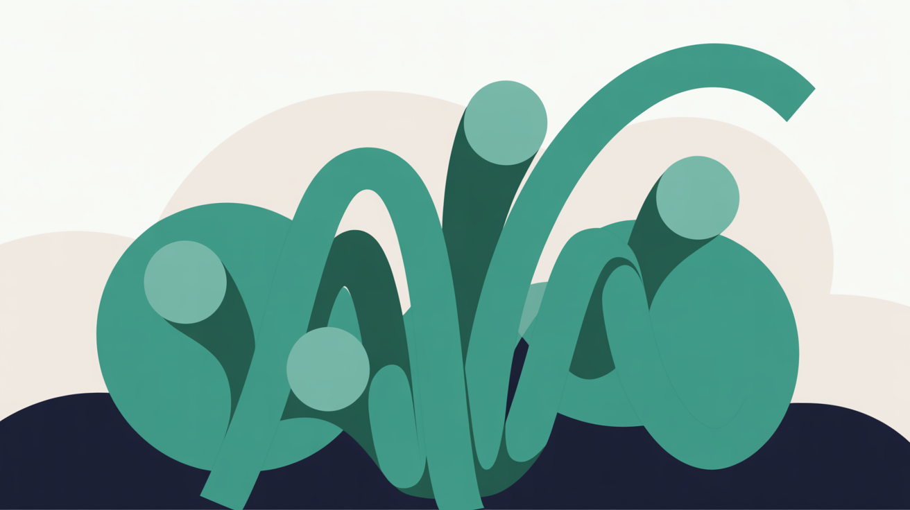 Abstract flat illustration of ascending teal curved lines and circular elements on warm grey background, suggesting gradual upward progress