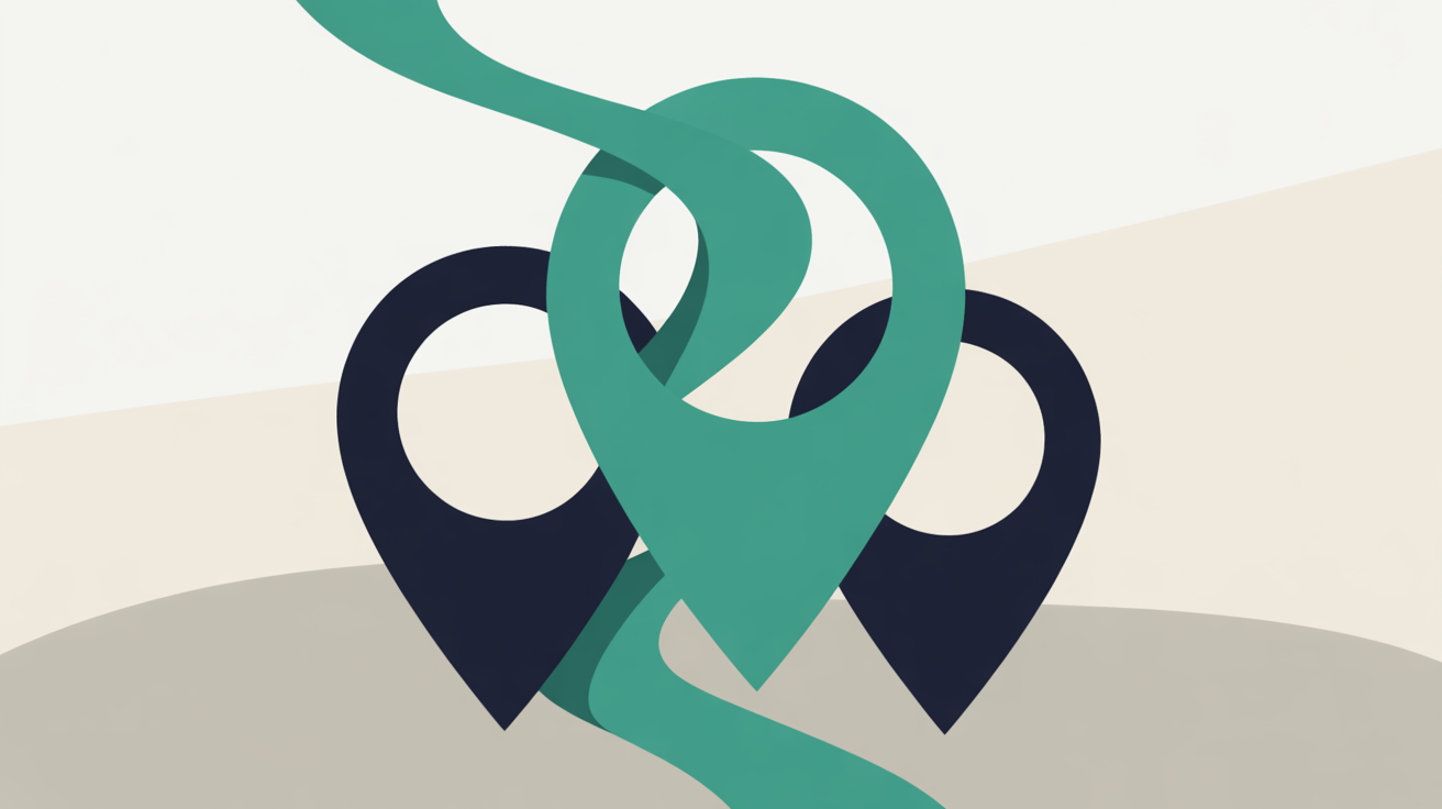 Abstract flat illustration of overlapping map location markers flowing upward on a warm grey background with teal accents