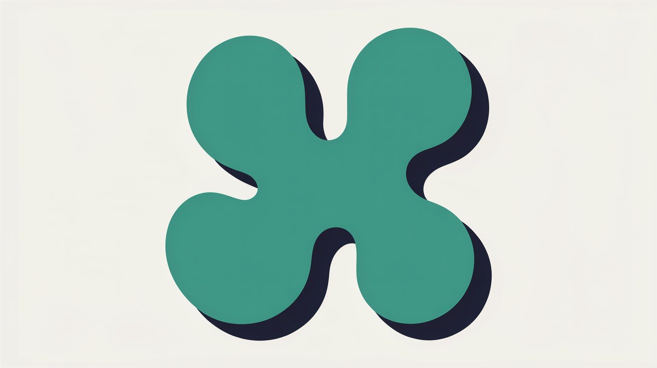 Flat illustration of a single rounded four-lobed teal shape with a deep navy shadow behind it on an off-white background