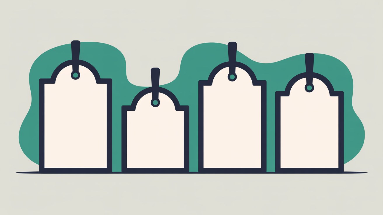 Flat illustration of four blank cream swing tags of differing heights standing in a row against a teal shape on a warm grey background