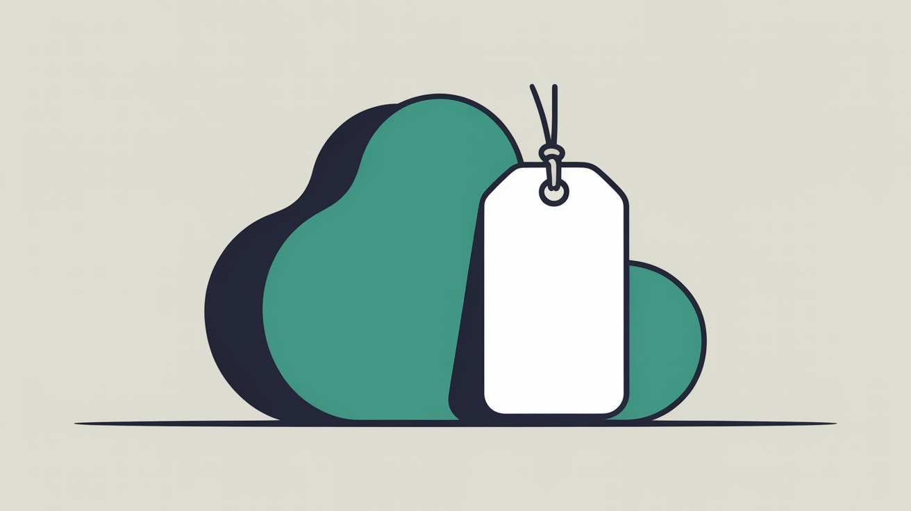 Flat illustration of a blank white swing tag hanging in front of a rounded teal shape on a warm off-white background