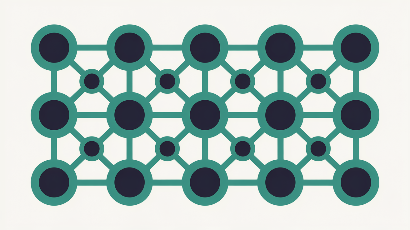 Abstract flat illustration of teal network monitoring nodes connected by clean lines on a warm grey background