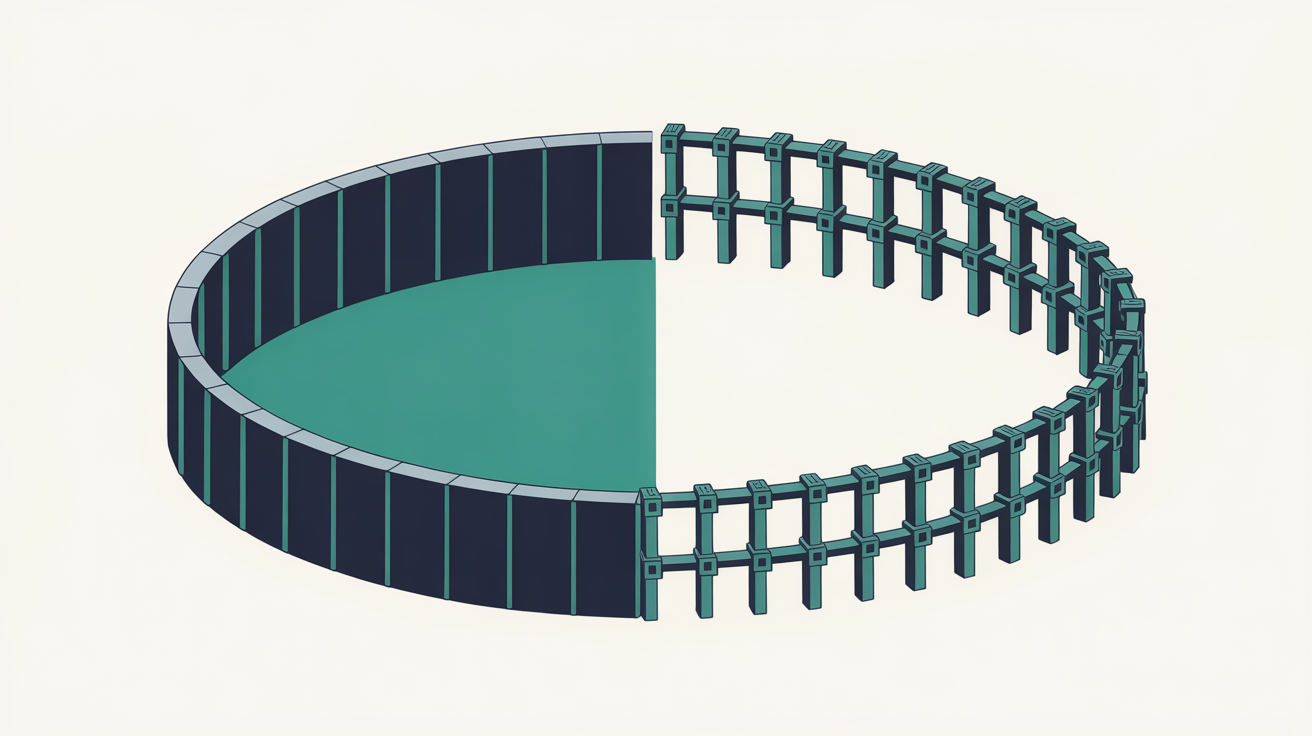 Flat abstract illustration contrasting a closed walled enclosure on one side with an open framework of connected building blocks on the other, in teal on a warm grey background