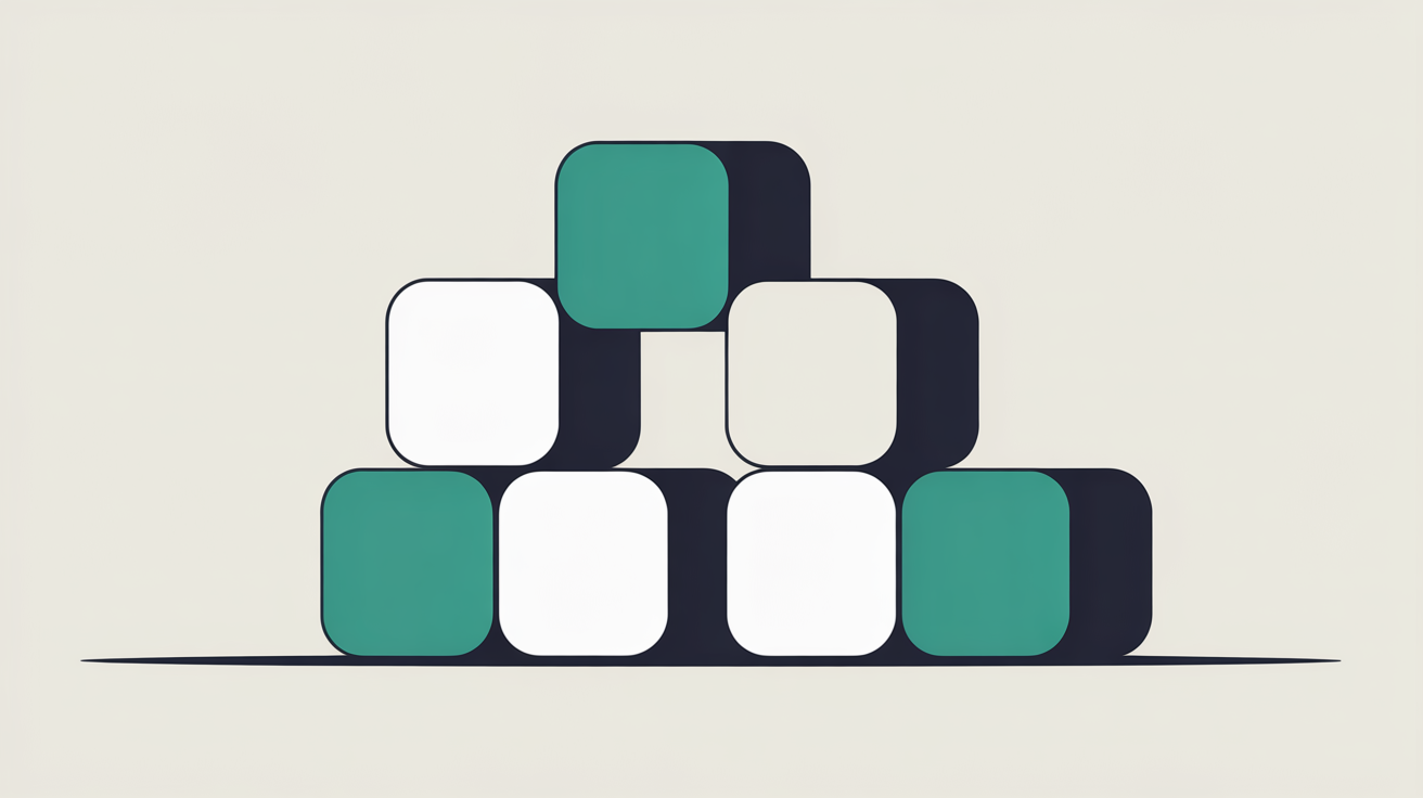 Flat abstract illustration of modular tiles assembling into a larger structure, suggesting an extensible open ecosystem, in teal on a warm stone grey background