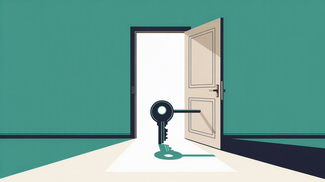 Flat abstract illustration of an open door with a key resting in the lock and light coming through onto a warm grey background, suggesting ownership and free access