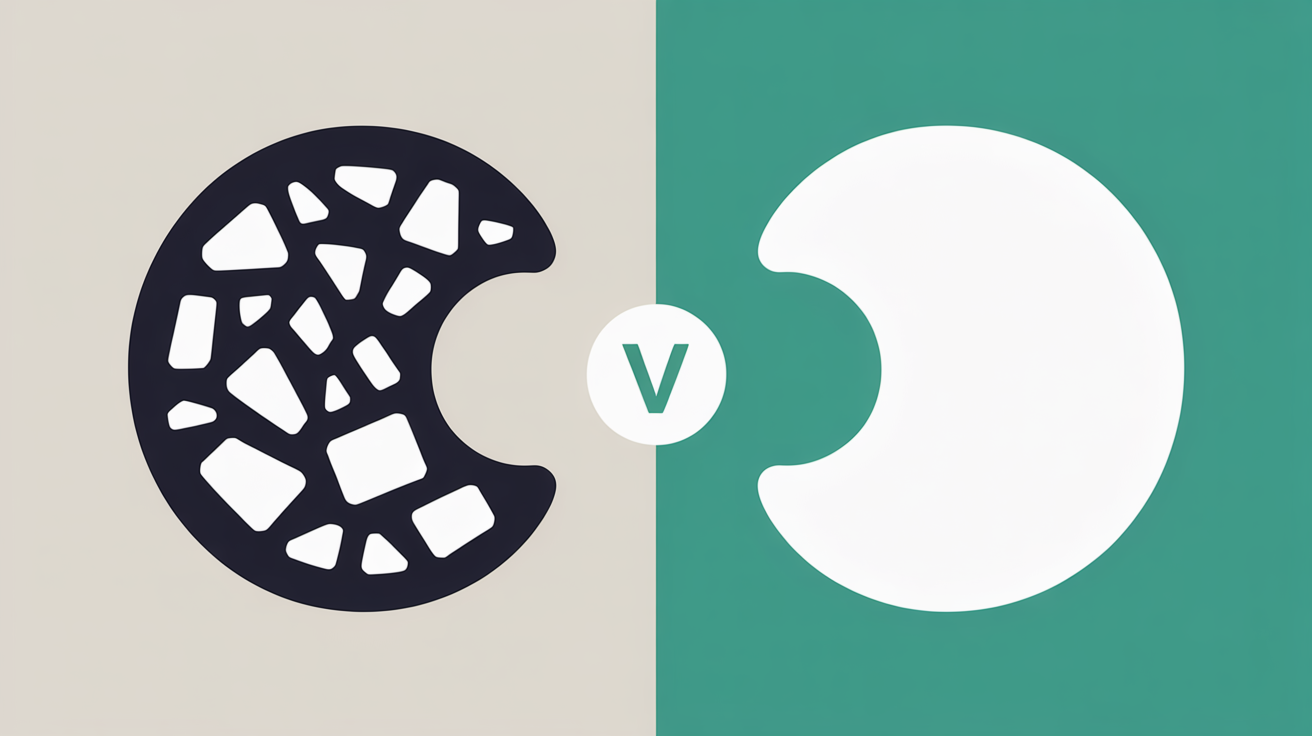 Two contrasting visual zones showing fragmented elements on one side and a unified clean shape on the other with teal accents on warm grey