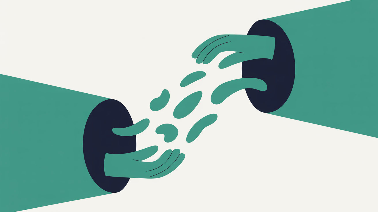 An open hand releasing small shapes that are caught and held by a larger structure, suggesting work handed off and managed elsewhere