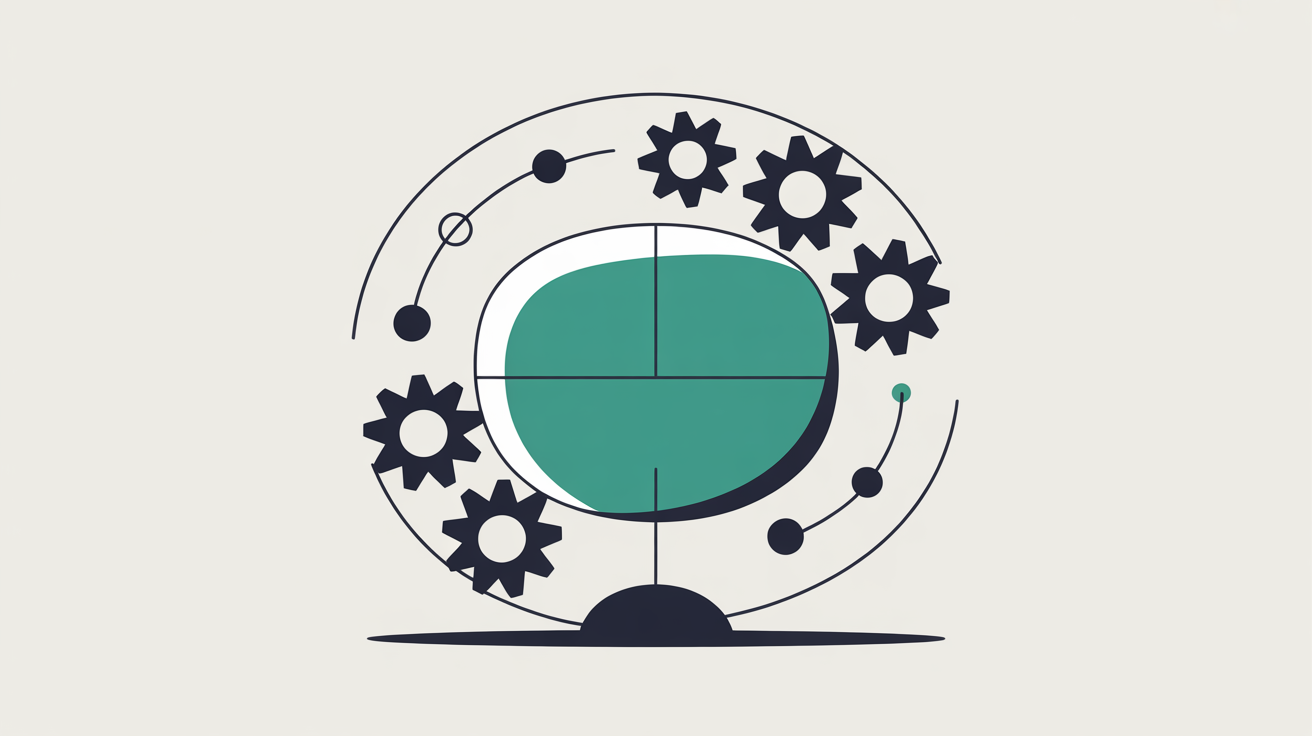 Flat illustration of gears and small shapes in continuous motion around a central protected form, suggesting ongoing automated upkeep