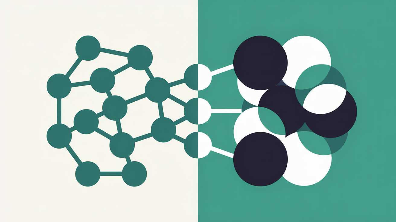 Abstract illustration contrasting crowded overlapping shapes on one side with clean teal network nodes on the other, representing shared versus managed hosting architecture