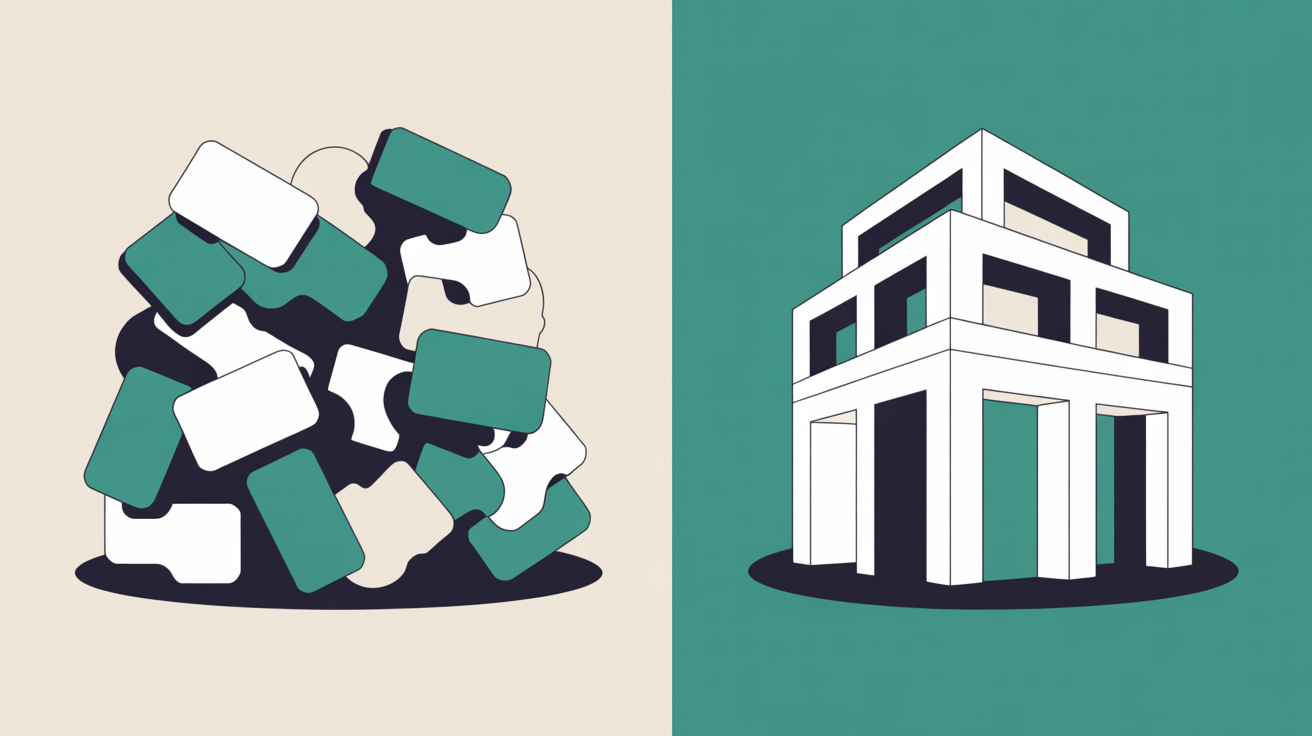 Abstract flat illustration contrasting two zones, one with overlapping crowded shapes and one with clean ordered architecture, representing shared vs managed hosting