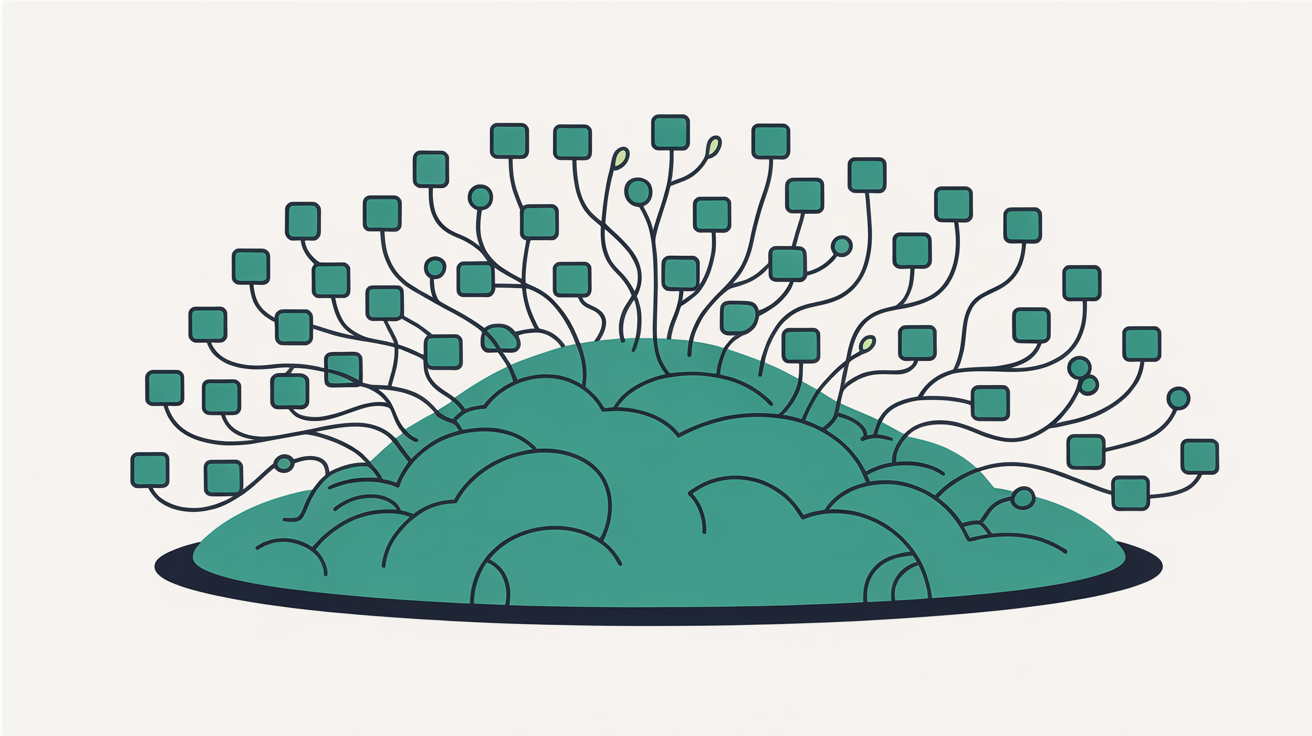 Flat abstract illustration of many small teal nodes connecting freely to a central shape on warm stone grey, suggesting a large open ecosystem of components