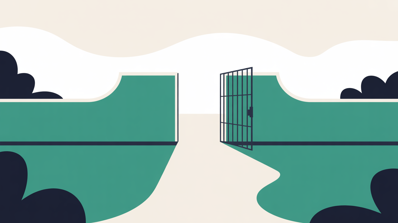 Flat abstract illustration of an open gate set in a low wall with a clear path leading out across warm stone grey, rendered in teal and navy