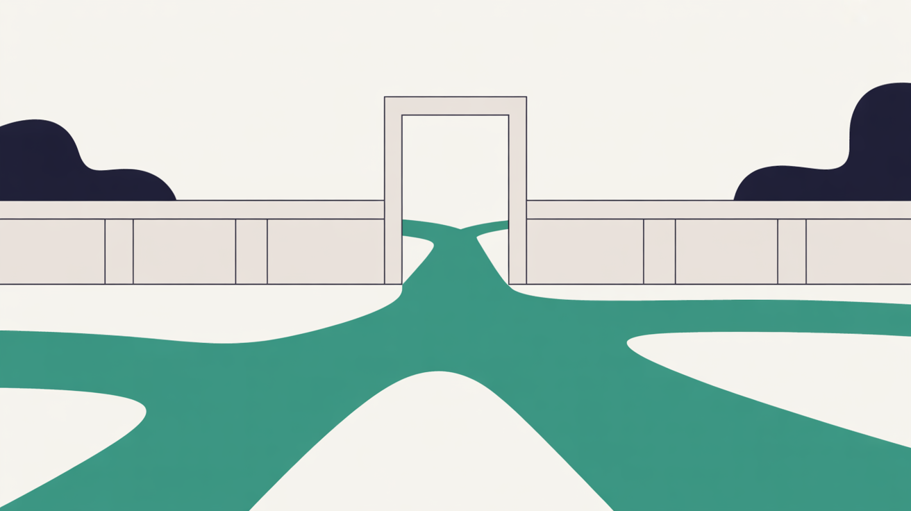 Flat abstract illustration of an open gateway in a low wall with teal pathways branching outward across a warm stone grey background, suggesting an open system rather than an enclosure