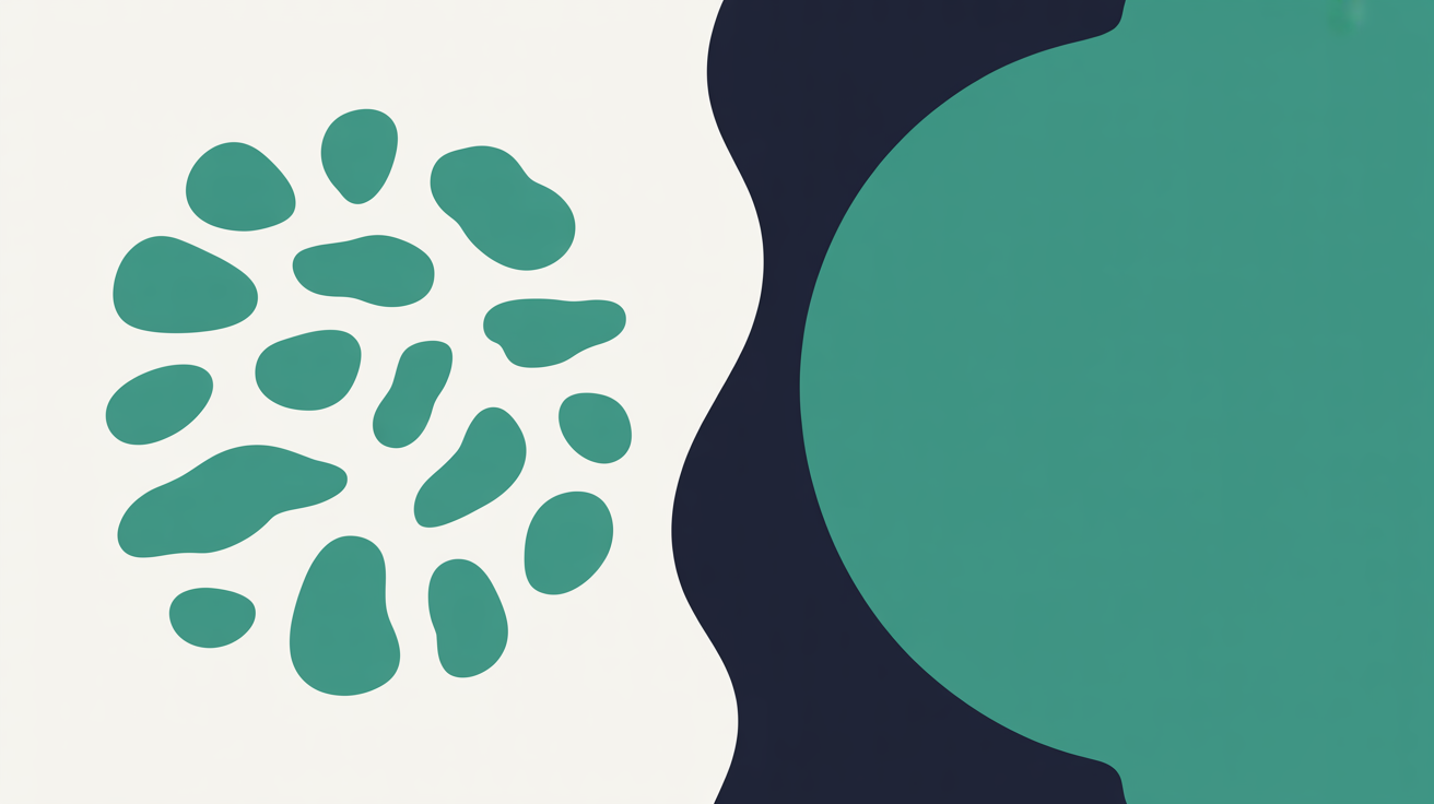 Flat abstract illustration with a cluster of small teal shapes on one side and a single large teal shape on the other, divided by a deep navy curve
