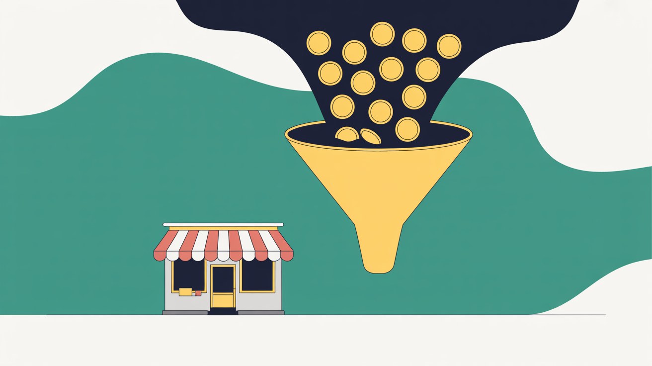 Flat illustration of coins flowing away from a small shop into a large abstract funnel, teal on warm grey
