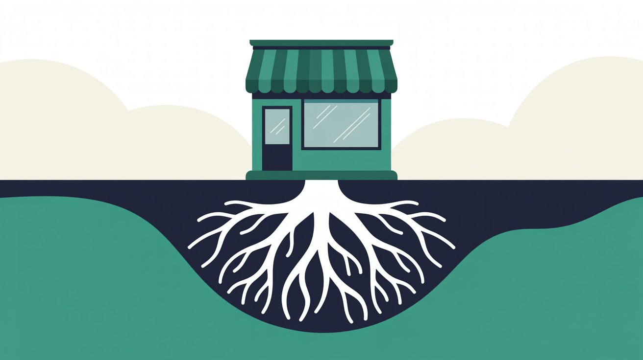Flat illustration of a single confident storefront standing on solid ground with roots, teal on warm grey