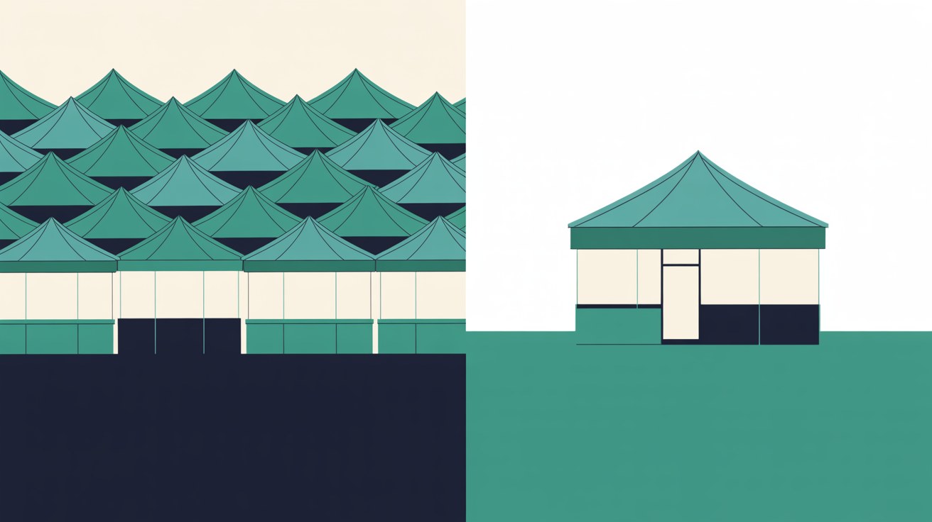 Flat illustration of two contrasting zones, a crowded shared shelf on one side and a single owned storefront on the other, in teal and warm grey
