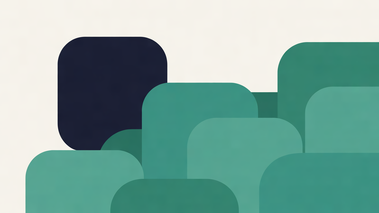 Flat illustration of overlapping rounded teal rectangles on a warm off-white background, with one deep navy rectangle standing apart at the left