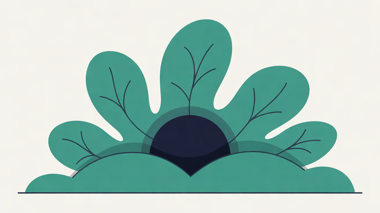 Flat illustration of broad teal leaf shapes rising around a deep navy half circle on a warm off-white background