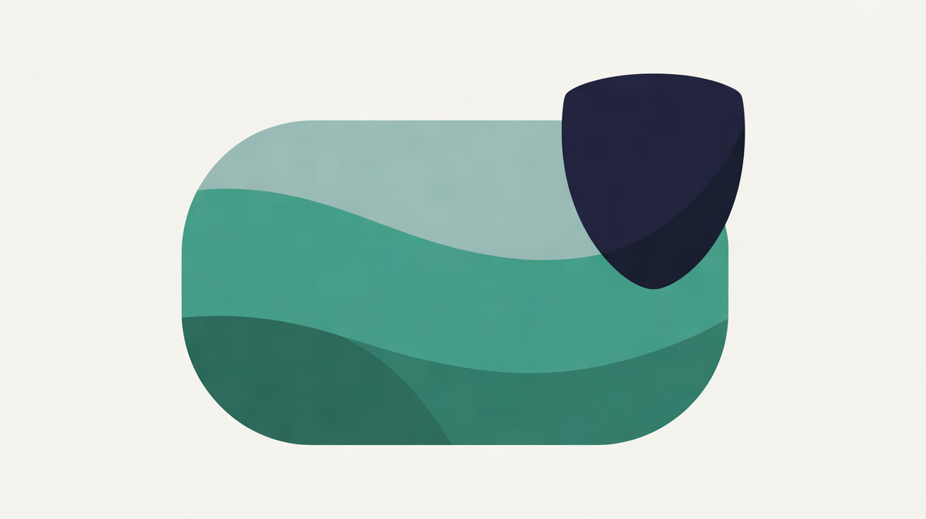 Flat illustration of a rounded card filled with wavy teal bands on a warm grey background, with a deep navy shield shape overlapping one corner