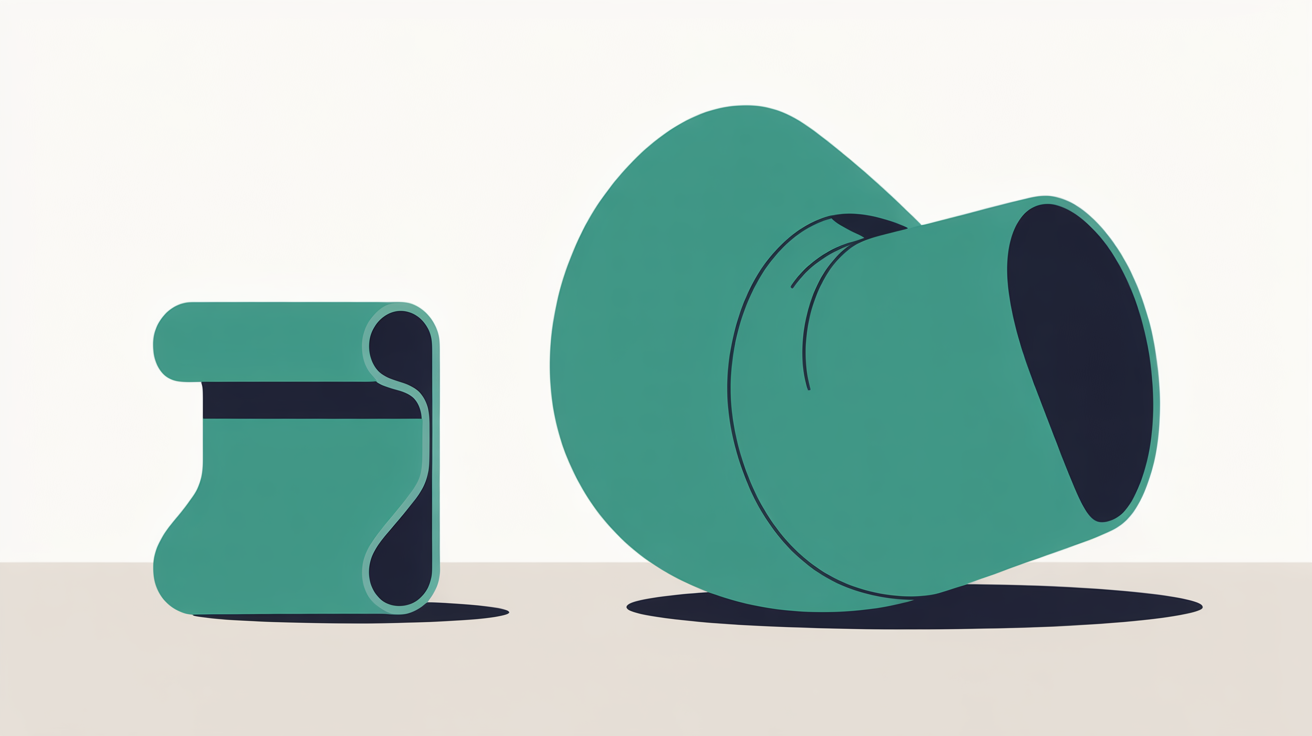 Flat abstract illustration of a rigid folded rectangular document shape beside a larger open flowing teal form on a warm grey background, the open form more prominent