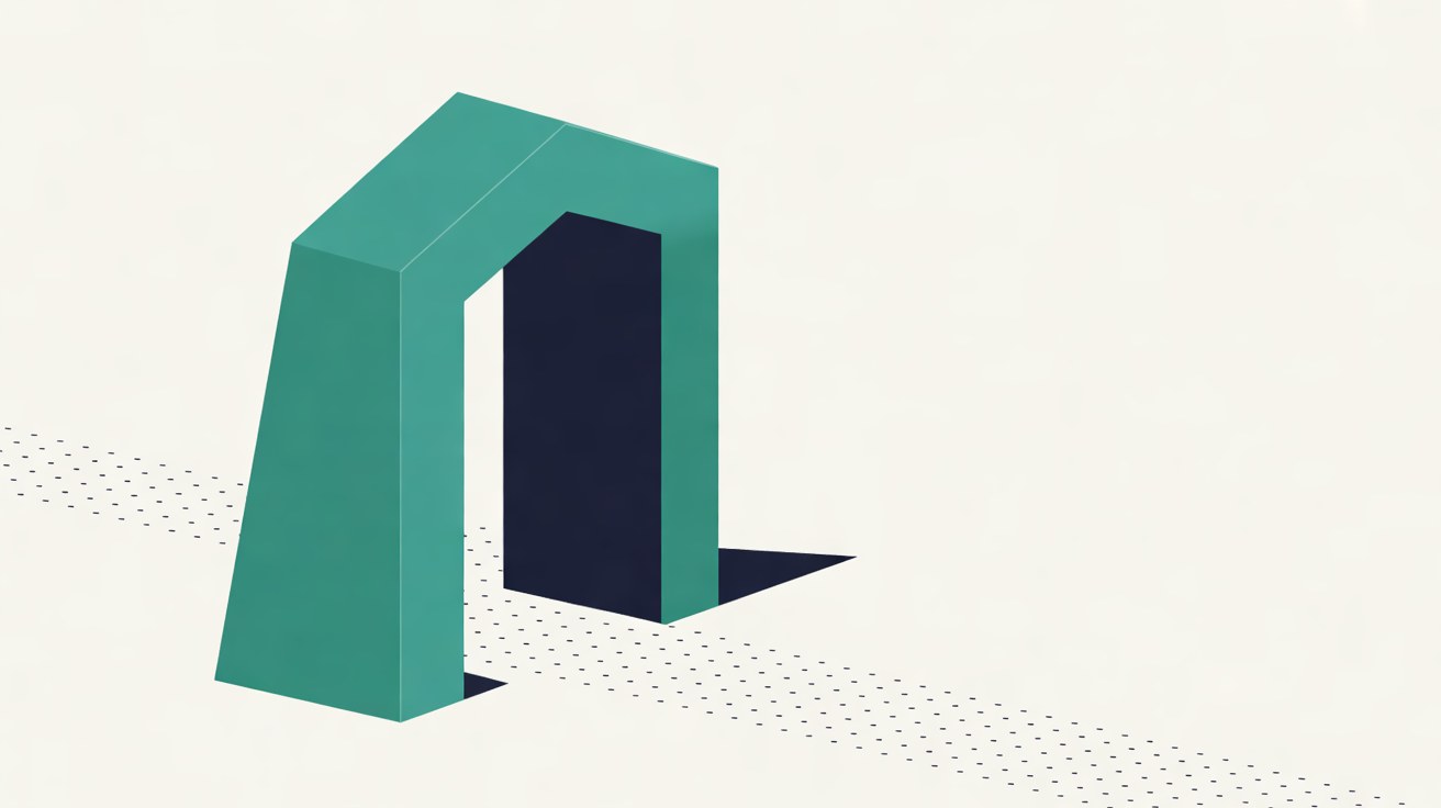 Flat illustration of a small teal gateway on a warm grey background with a thin line of dots passing through it before the gate has opened