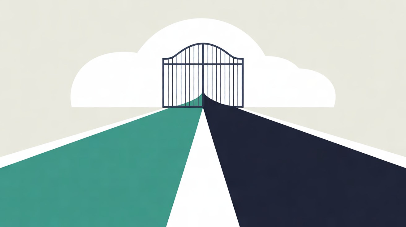 Abstract flat illustration of two paths on a warm grey background, one teal path flowing freely and one navy path paused at a closed gate