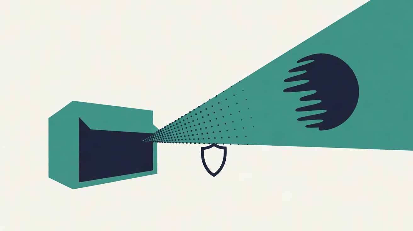 Flat illustration of a teal storefront shape sending a stream of small navy dots along a diagonal beam towards a distant dark circle, with a small shield outline beneath