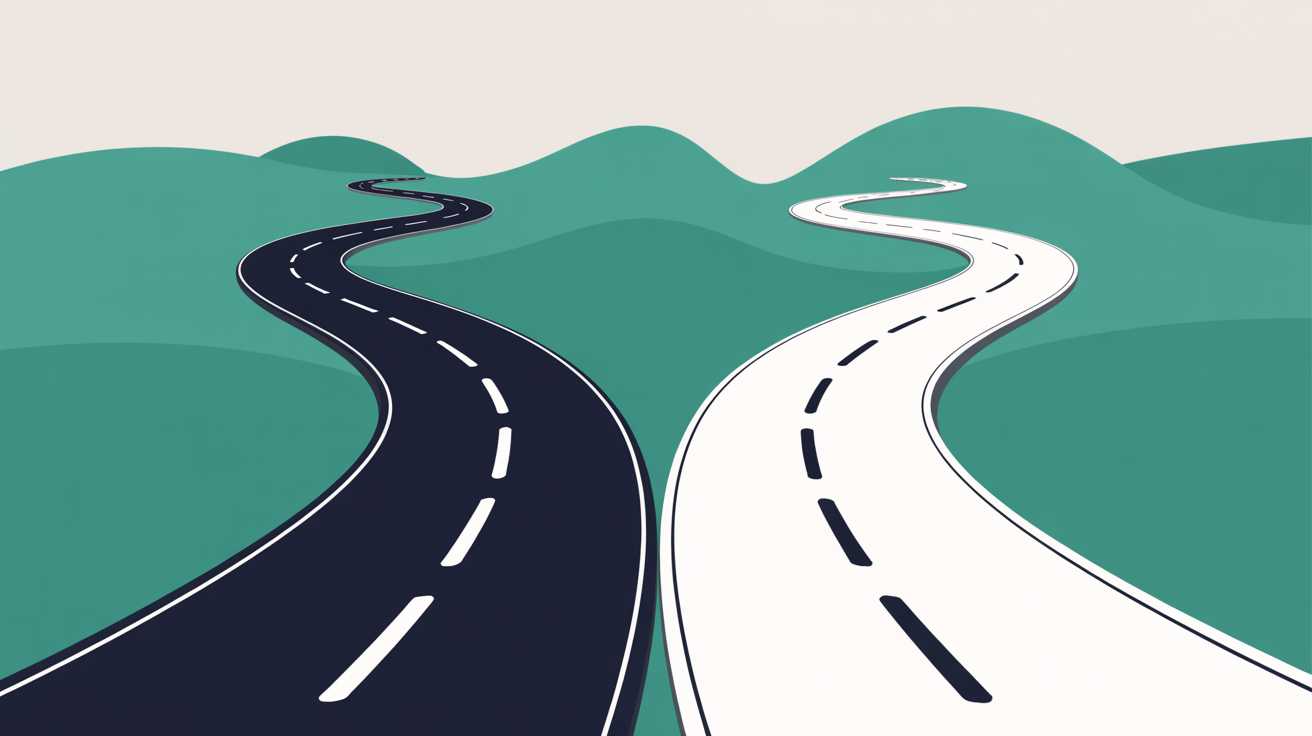 Flat illustration of abstract shapes showing a slow congested path transforming into a clear fast one with teal highlights