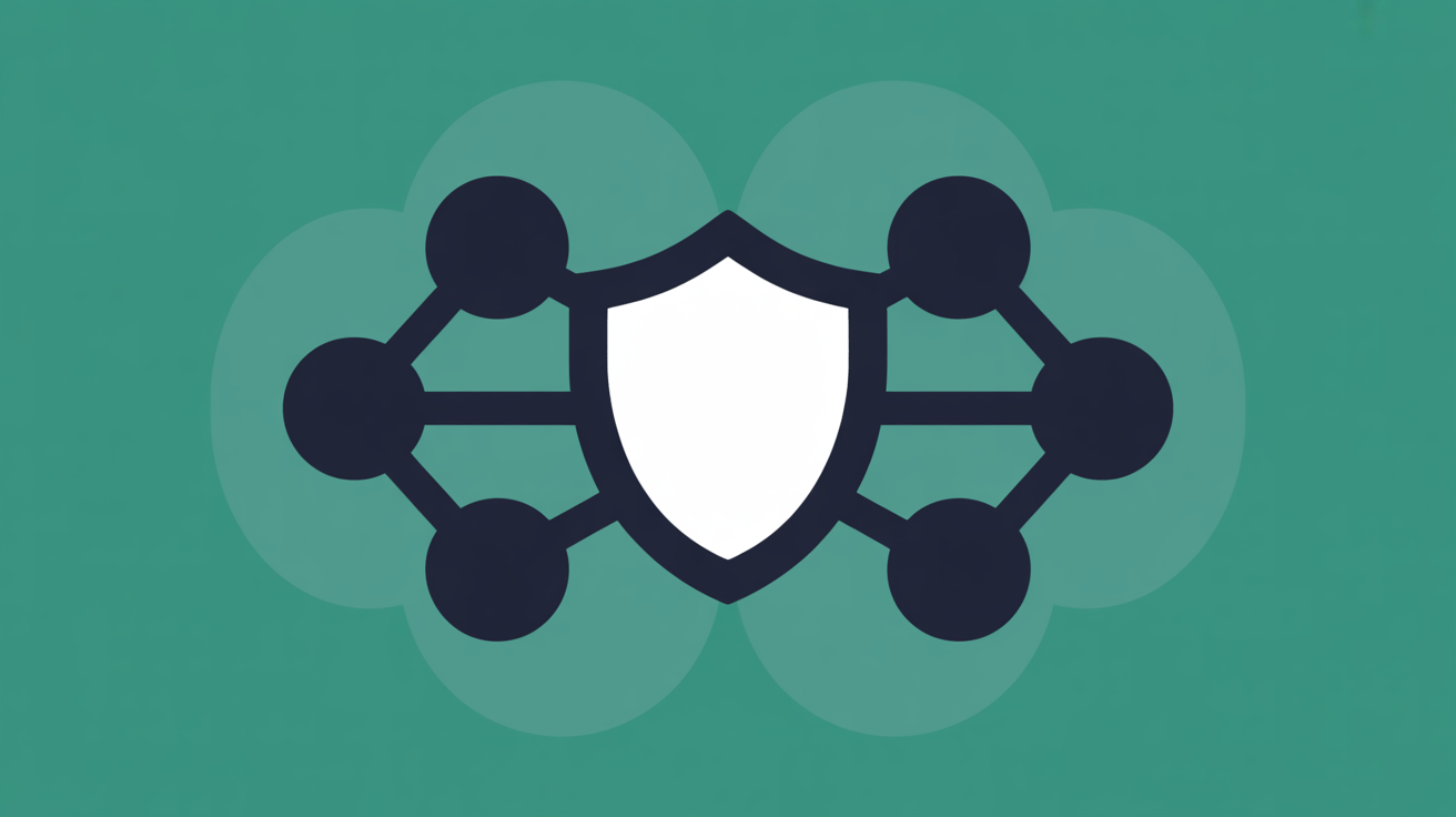 Clean flat illustration of a shield and connected nodes on warm grey background suggesting secure reliable infrastructure