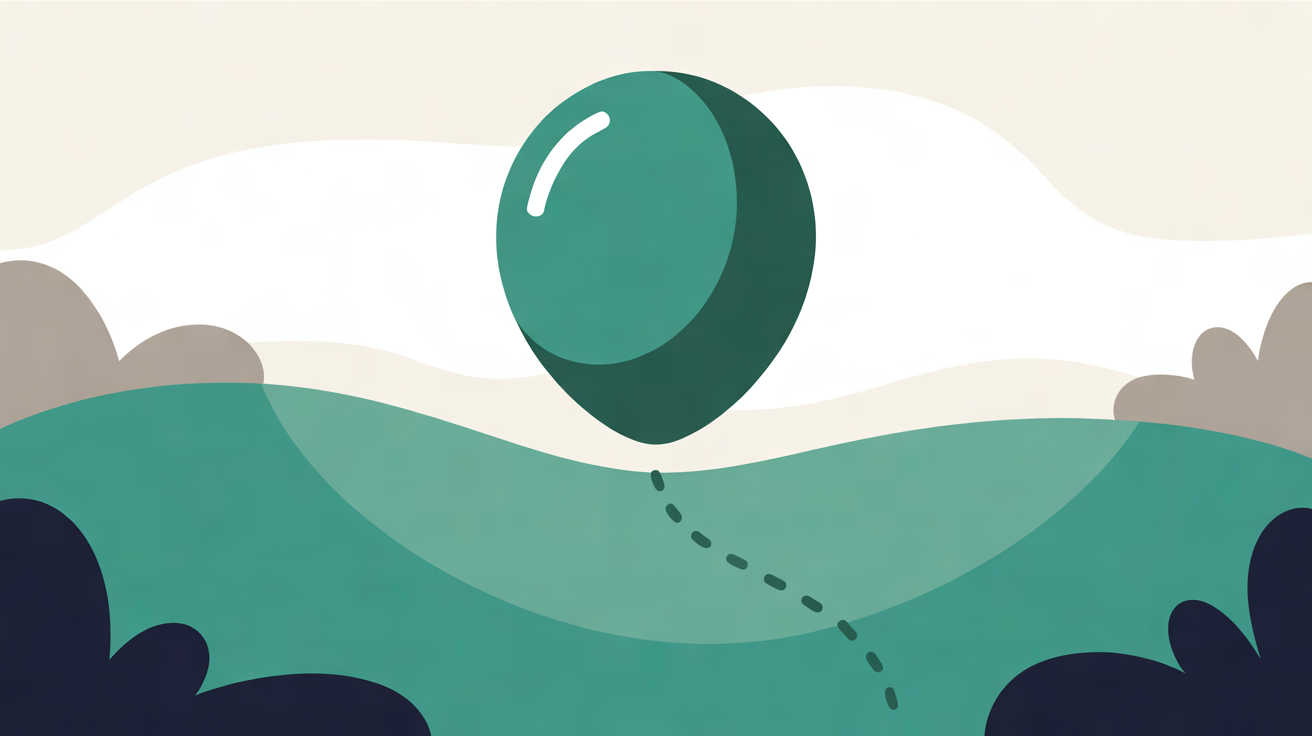 Teal location marker floating above green hills with a dotted trail leading back to where it used to sit