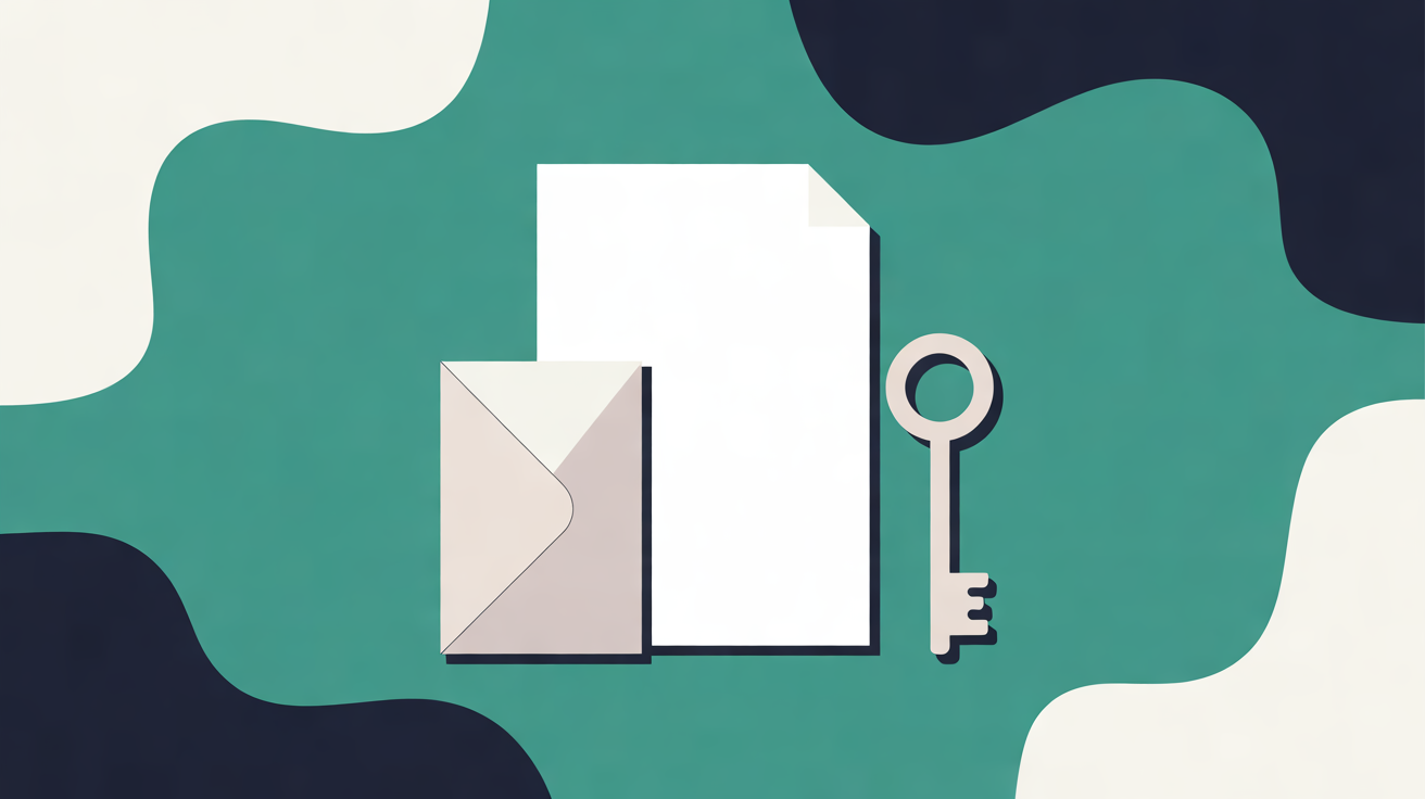 Flat illustration of a sheet of paper, an envelope and a key on a teal background