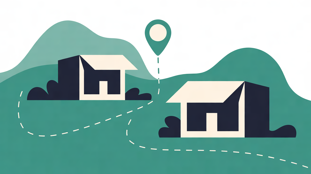 Flat illustration of two small buildings on green hills joined by a dashed path, with a teal map pin hovering between them