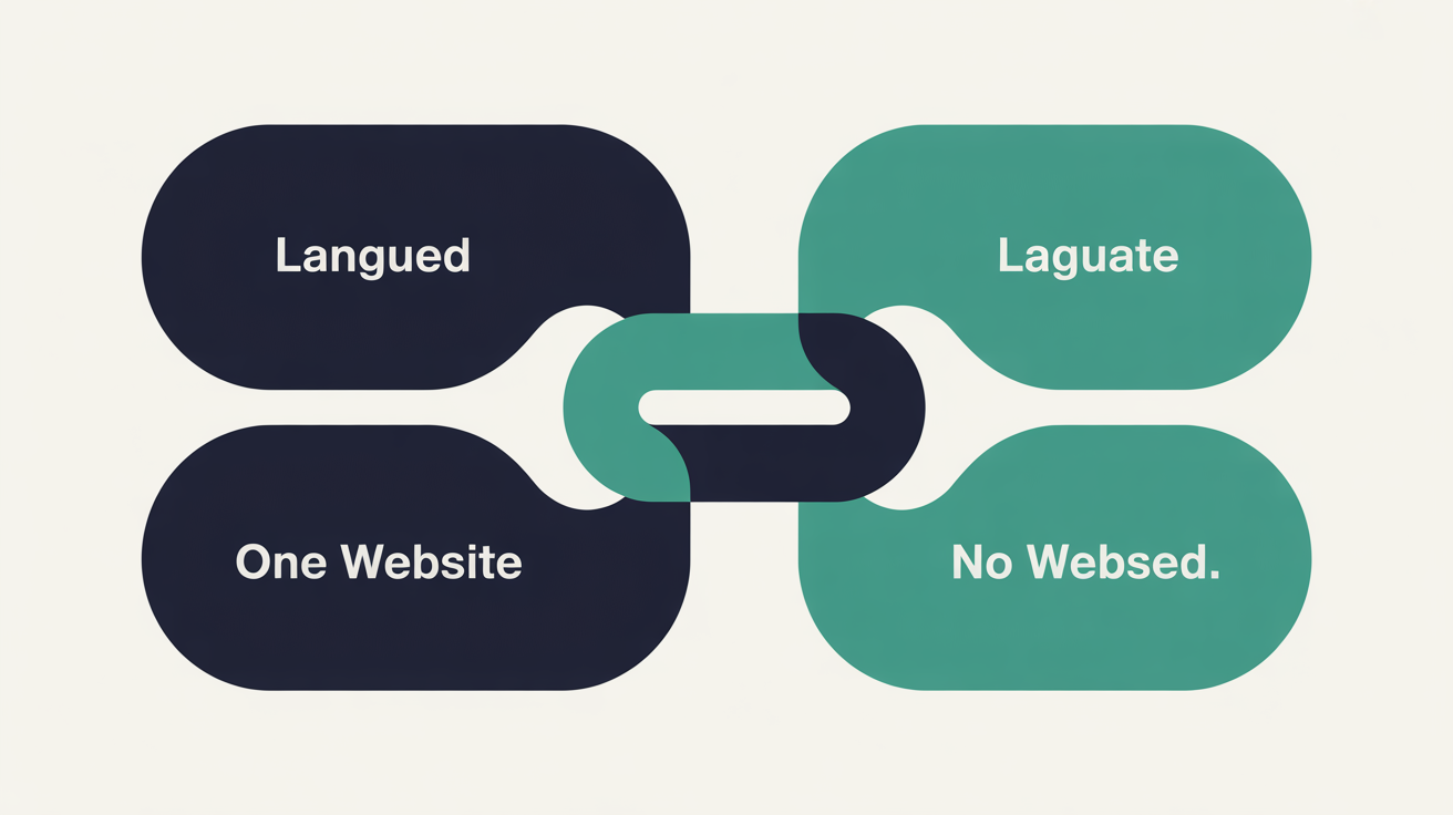 Two connected flat panels joined by a teal link, representing one website presented in two languages