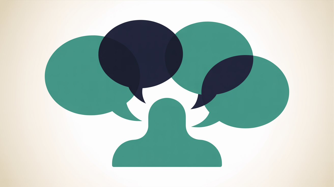 Flat illustration of overlapping speech-bubble shapes flowing from a single central form in teal on a warm grey background