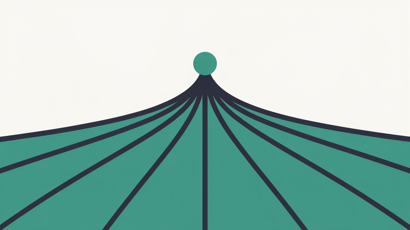 Flat abstract illustration of a single dot connected by thin teal lines branching outward and upward across a warm off-white background, suggesting a site being discovered
