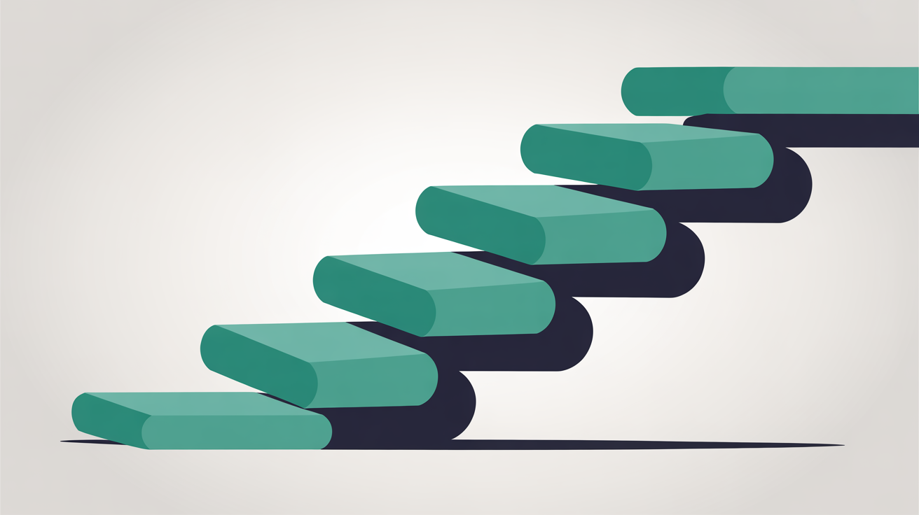 Clean flat abstract illustration of ascending steps made of soft teal geometric shapes on a warm grey background, conveying patient upward progress