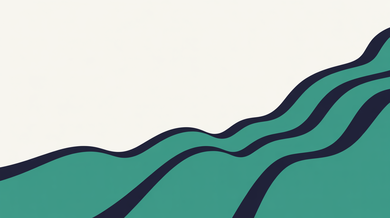 Flat abstract illustration of thin teal lines rising gradually in steps from a single point across a warm grey background, suggesting slow steady progress over time