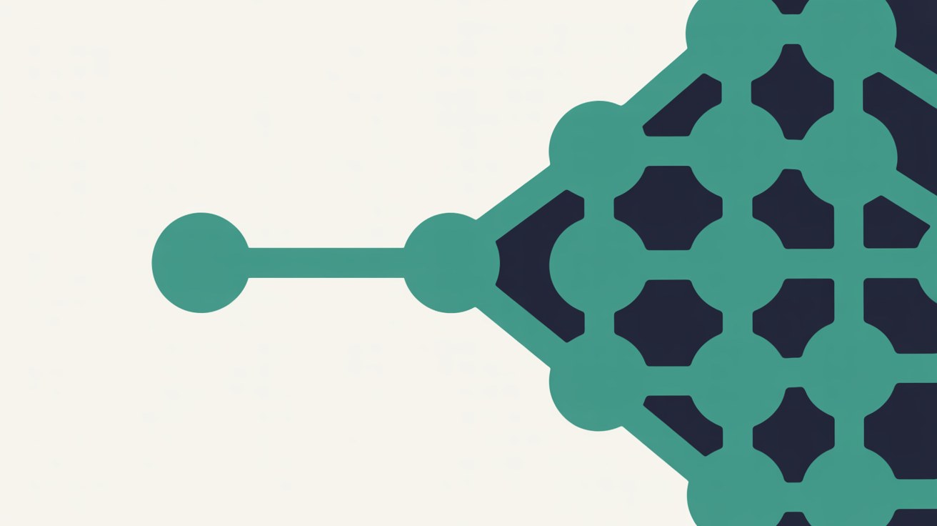 Flat illustration of a single small teal node connected by one line into a large dense grid of teal and navy nodes on a warm off-white background