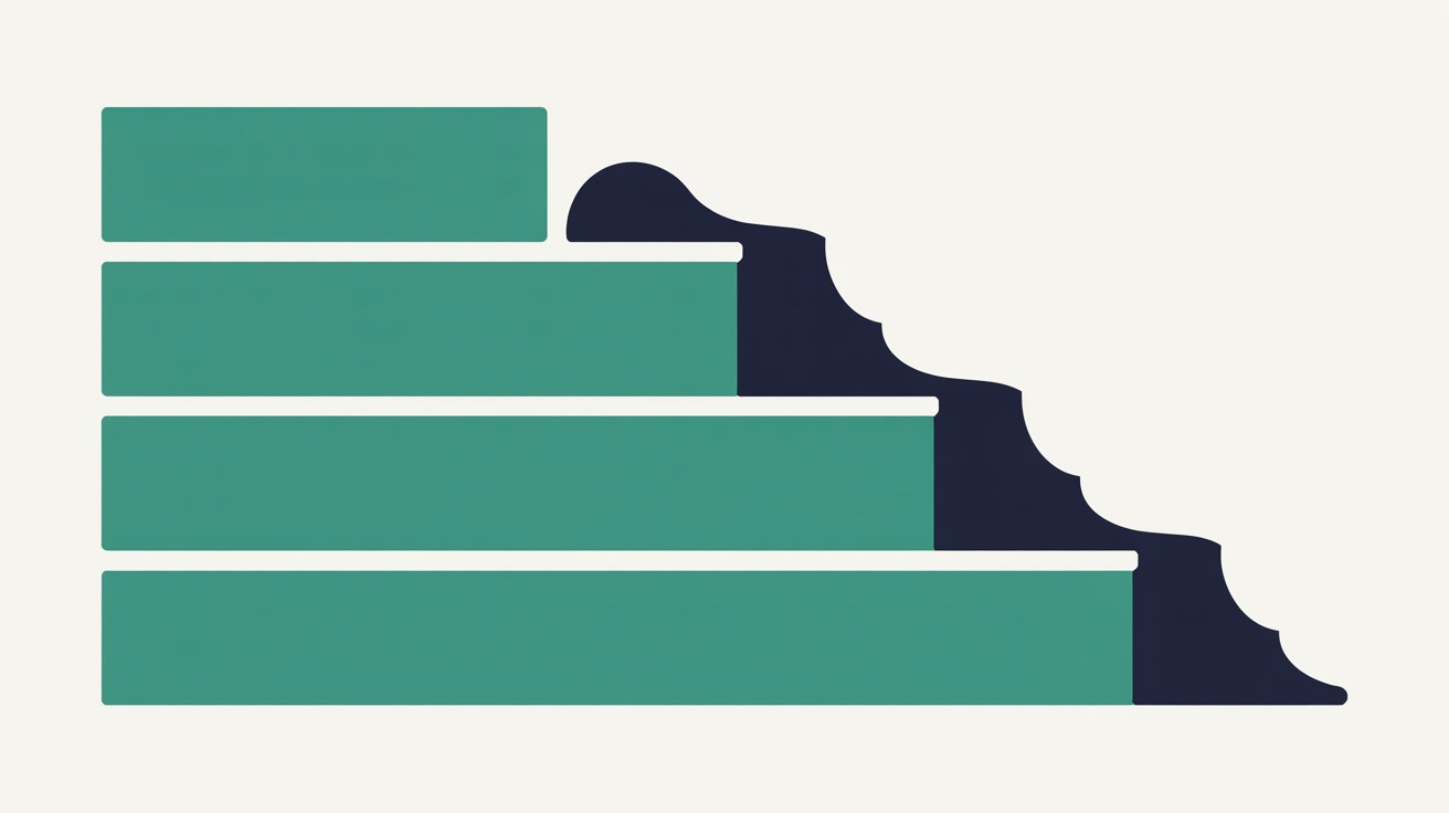 Flat illustration of four stacked teal bars of increasing width forming a staircase, with a dark navy stepped shape descending alongside them