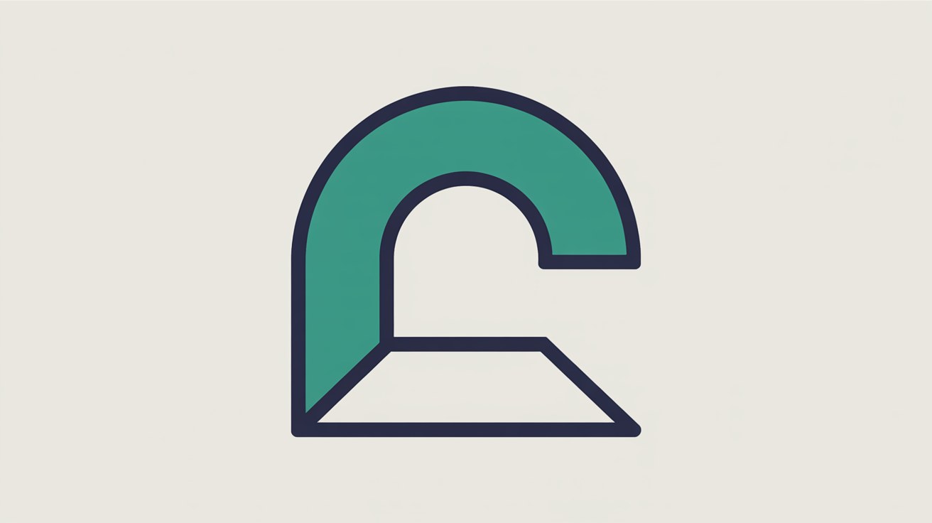 Flat geometric illustration of a large teal arch curving over a smaller open arch shape above an outlined base, on an off-white background