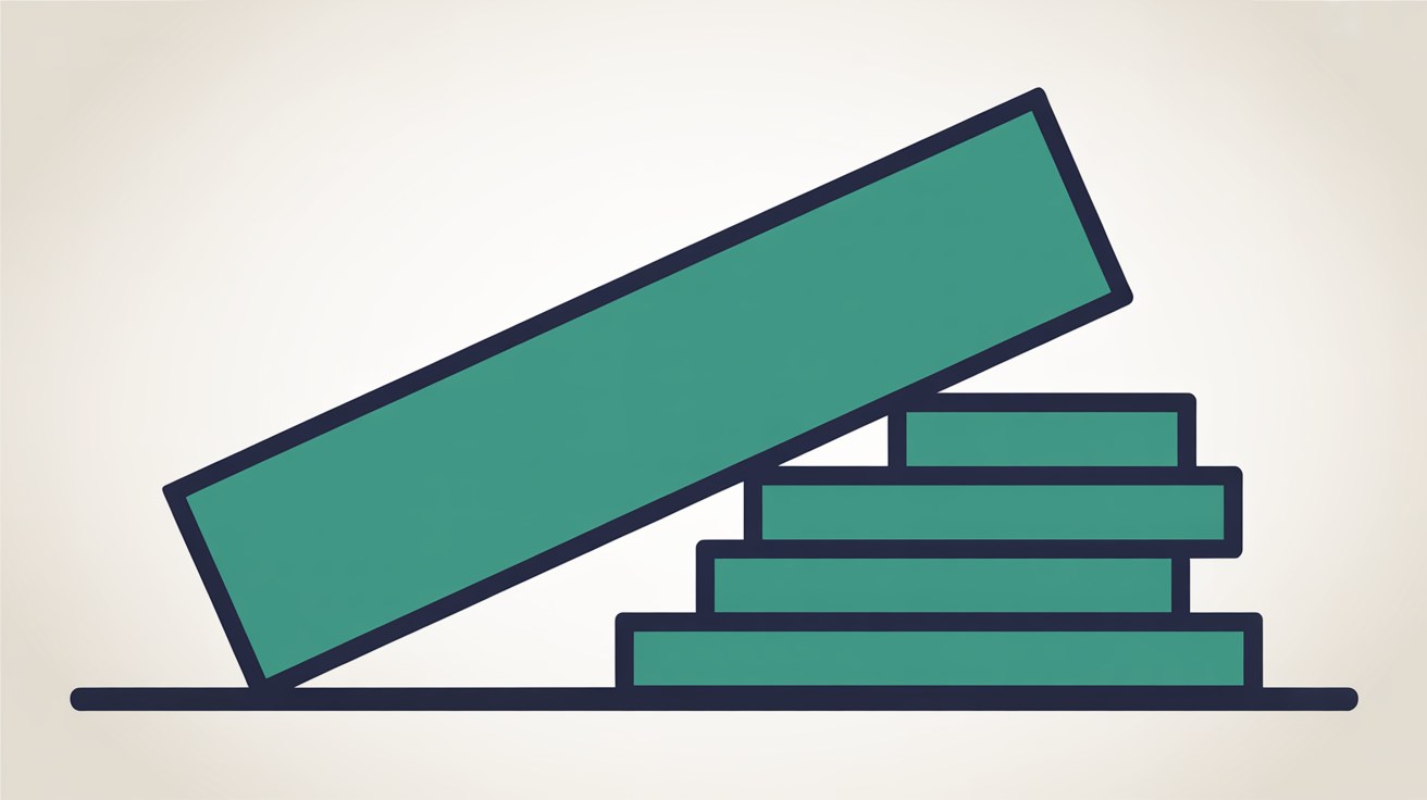 Flat geometric illustration of a stack of neat rectangular blocks with one bold teal diagonal band cutting across and displacing them, on a warm grey background