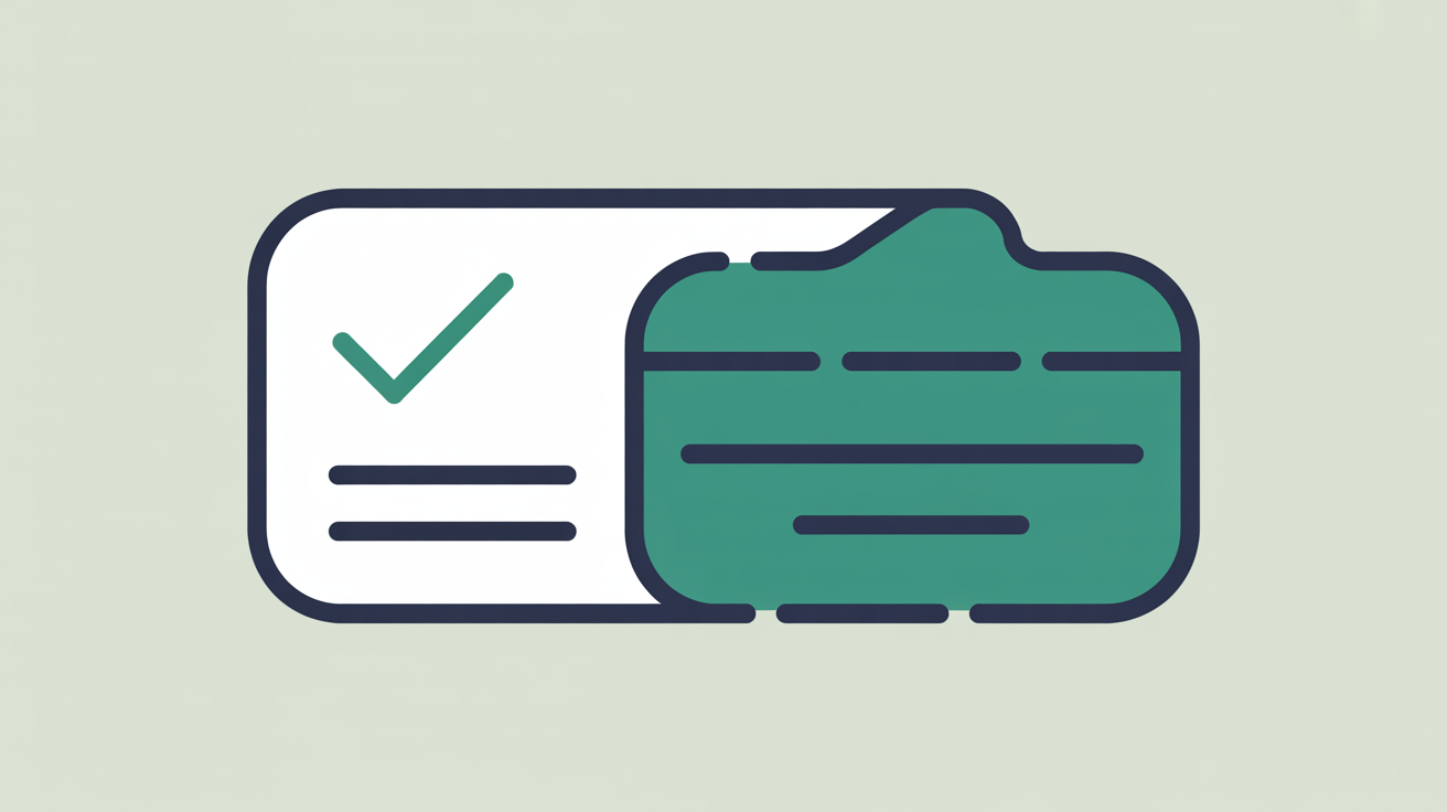 Flat illustration of a document card with a teal tick mark beside a rounded payment card shape